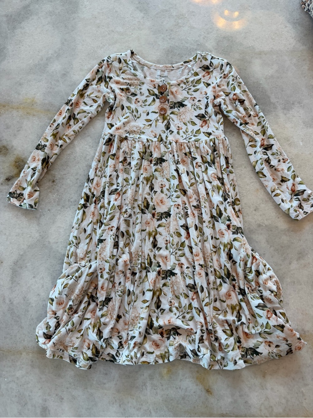 Posh Peanut - Floral Long Sleeve Twirl Dress - Cream with Pink Roses - Sz 5